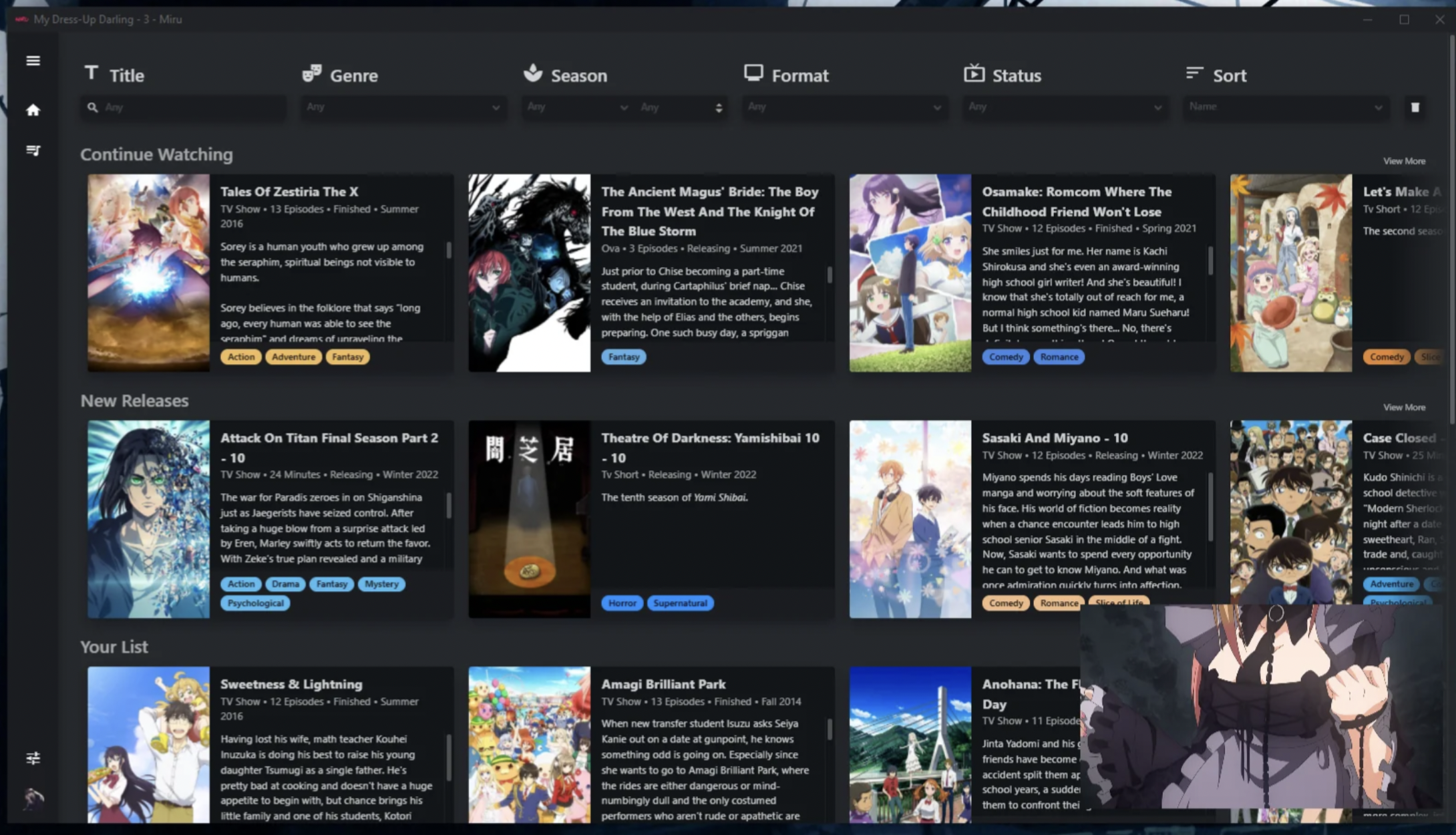 Miru - HD Anime App UI on Linux